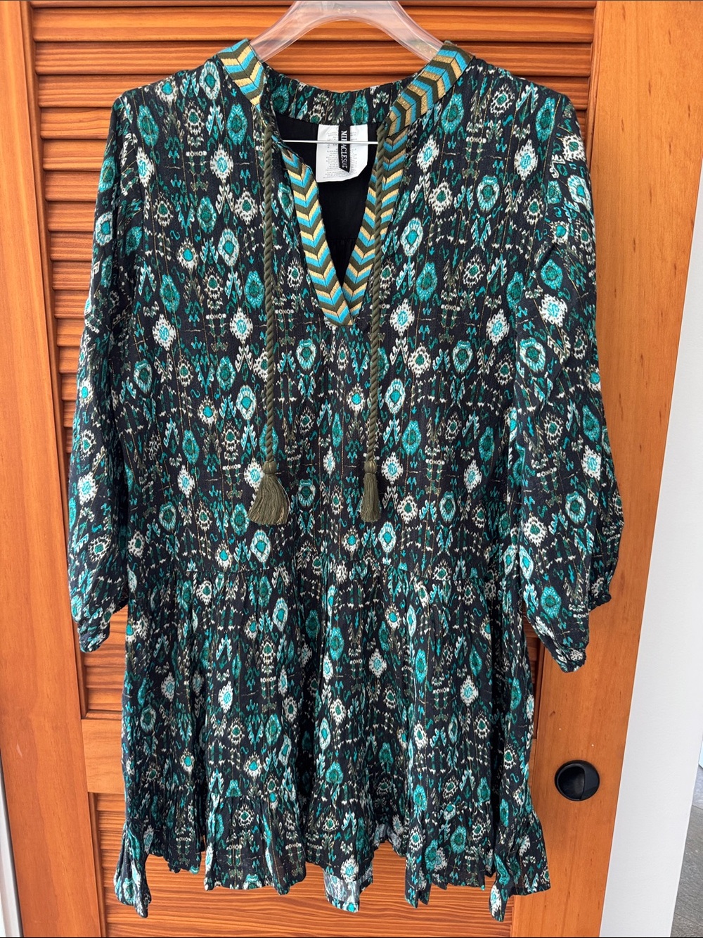 MIRACLESUIT Boho Teal Ikat V-Neck Tunic Dress with Tassel Trim